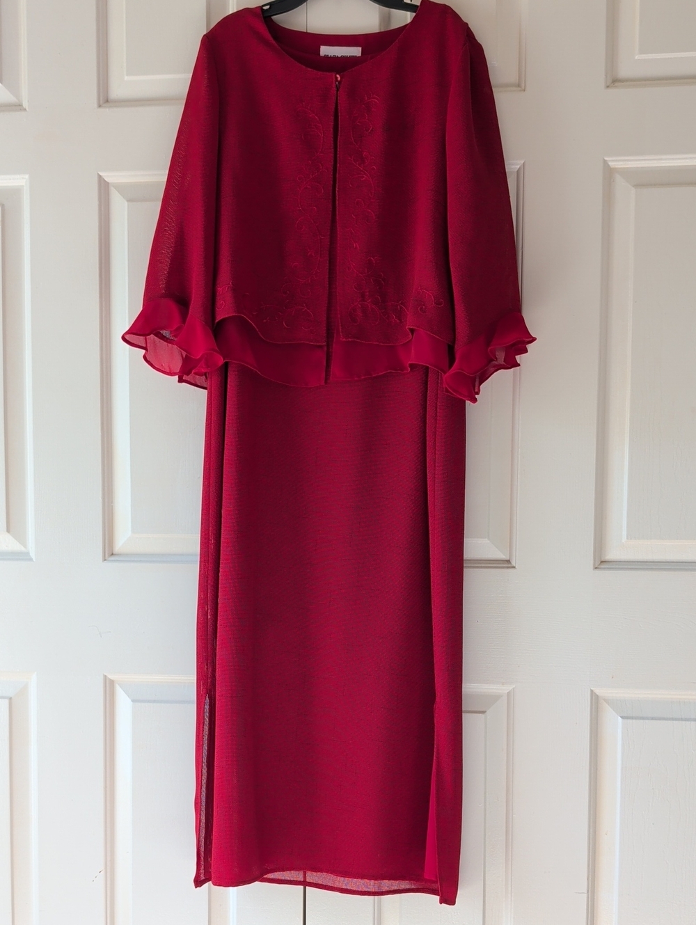 Vintage Plaza South Red 2-Piece Dress Set Embroidered Sheer Jacket Sz 8